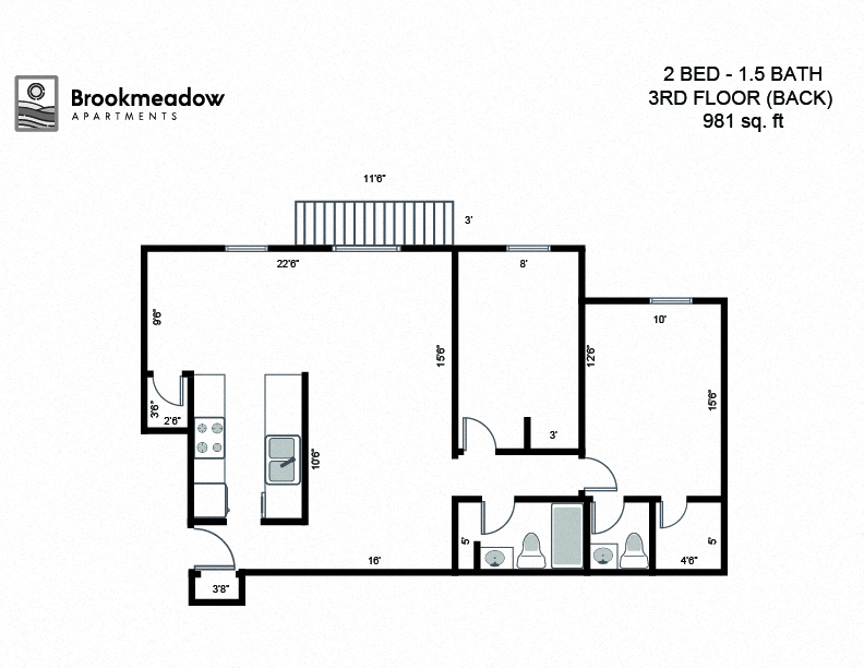 Floor plan for 2 beds, 1.5 baths, 981 sqft